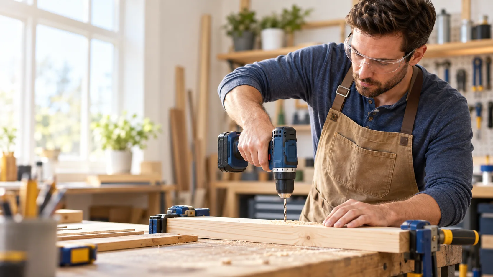 AI-generated illustration of a person using an unbranded cordless drill on clamped wood in a bright workshop.